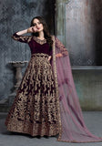 Festive Dark Purple Embroidered Pure Velvet Anarkali Kurta Set Online Shopping