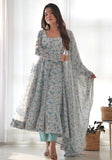 Festive Sky Blue Printed Organza Chiffon Anarkali Set Online Shopping