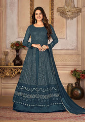 Festive Turquoise Sequin Thread Embroidered Georgette Anarkali Set Online Shopping