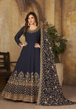 Festive Navy Blue Embroidered Faux Georgette Anarkali Kurta Set Online Shopping