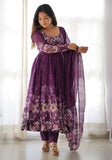 Festive Wine Printed Soft Organza Silk Anarkali Set Online Shopping