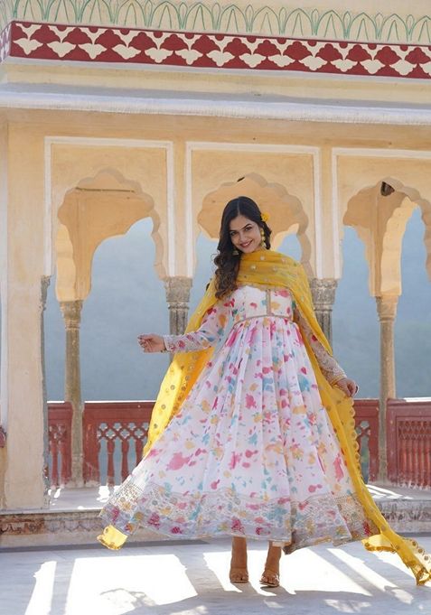 Festive Multicolor Embroidered Organza Anarkali Set Online Shopping