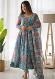 Festive Sky Blue Digital Print Organza Anarkali Set Online Shopping