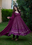 Festive Purple Embroidered Faux Cotton Anarkali Set Online Shopping