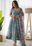 Festive Sky Blue Printed Soft Organza Silk Anarkali Set Online Shopping