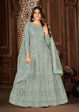 Festive Grey Sequin Thread Embroidered Net Anarkali Set Online Shopping