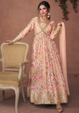 Festive Light Peach Sequin Embroidered Organza Silk Anarkali Set Online Shopping