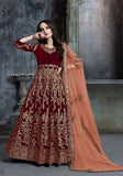 Festive Maroon Embroidered Pure Velvet Anarkali Kurta Set Online Shopping