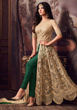 Festive Beige And Green Zari Embroidered Net Kurta Set Online Shopping