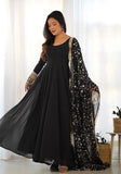 Festive Black Zari Sequin Embroidered Faux Georgette Anarkali Set Online Shopping