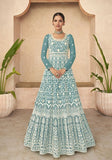 Festive Sky Blue Sequin Embroidered Faux Georgette Anarkali Set Online Shopping