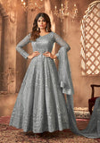 Festive Grey Sequin Thread Embroidered Net Anarkali Set Online Shopping