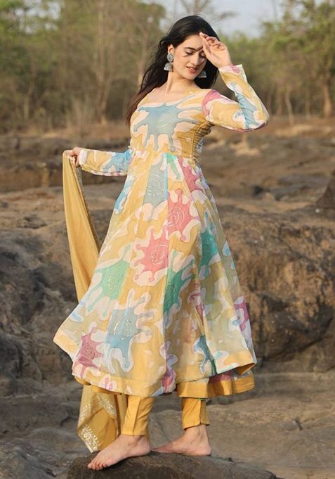 Festive Multicolor Digital Print Organza Anarkali Set Online Shopping