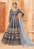 Festive Navy Blue Embroidered Pure Art Silk Anarkali Kurta Set Online Shopping