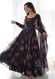 Festive Black Floral Print Organza Silk Kurta Set Online Shopping