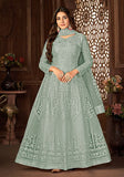 Festive Grey Sequin Thread Embroidered Net Anarkali Set Online Shopping