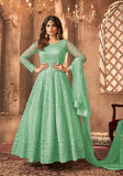 Festive Green Sequin Thread Embroidered Net Anarkali Set Online Shopping