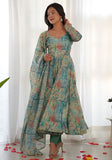 Festive Sea Green Printed Soft Organza Silk Anarkali Set Online Shopping