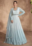 Festive Light Blue Embroidered Georgette Kurta Set Online Shopping