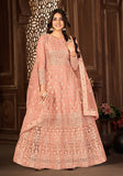 Festive Peach Sequin Thread Embroidered Net Anarkali Set Online Shopping