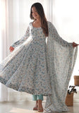 Festive Sky Blue Floral Print Chiffon Kurta Set Online Shopping