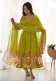 Festive Parrot Green Floral Work Soft Organza Silk Anarkali Set Online Shopping