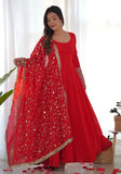 Festive Red Solid Faux Georgette Anarkali Set Online Shopping