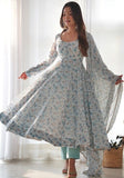 Festive Sky Blue Printed Organza Chiffon Anarkali Set Online Shopping