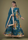 Festive Teal Zari Sequin Embroidered Fox Georgette Anarkali Set Online Shopping