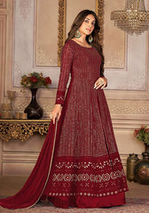 Festive Maroon Sequin Thread Embroidered Georgette Anarkali Set Online Shopping