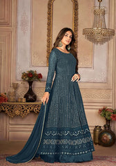 Festive Turquoise Sequin Thread Embroidered Georgette Anarkali Set Online Shopping