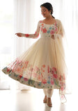 Festive Cream Floral Print Soft Organza Silk Anarkali Set Online Shopping