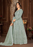 Festive Grey Sequin Thread Embroidered Net Anarkali Set Online Shopping