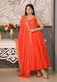 Festive Orange Sequin Embroidered Faux Georgette Anarkali Kurta With Dupatta Online Shopping