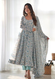 Festive Sky Blue Floral Print Chiffon Kurta Set Online Shopping