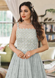 Festive Grey Sequin Embroidered Faux Georgette Anarkali Set Online Shopping