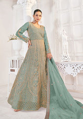 Festive Aqua Blue Zari Work net Kurta set Online Shopping