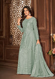 Festive Grey Sequin Thread Embroidered Net Anarkali Set Online Shopping