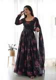 Festive Black Floral Print Organza Silk Kurta Set Online Shopping