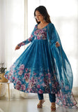 Festive Rama Blue Digital Print Organza Anarkali Set Online Shopping