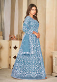 Festive Sky Blue Embroidered Net Kurta Set Online Shopping