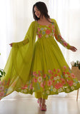 Festive Parrot Green Floral Work Soft Organza Silk Anarkali Set Online Shopping