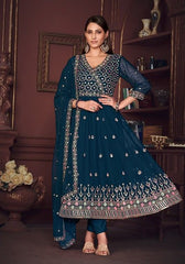 Festive Blue Embroidered Georgette Kurta Set Online Shopping