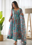 Festive Sky Blue Printed Soft Organza Silk Anarkali Set Online Shopping