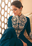 Festive Teal Blue Embroidered Georgette Anarkali Set Online Shopping