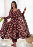 Festive Maroon Printed Soft Organza Silk Anarkali Set Online Shopping