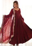 Festive Maroon Solid Roman Silk Anarkali Set Online Shopping