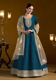 Festive Teal Embroidered Chanderi Anarkali Kurta Set Online Shopping