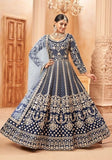 Festive Navy Blue Embroidered Pure Art Silk Anarkali Kurta Set Online Shopping