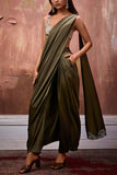 Esha Sethi Thirani Forest green draped pant sari set Online Shopping